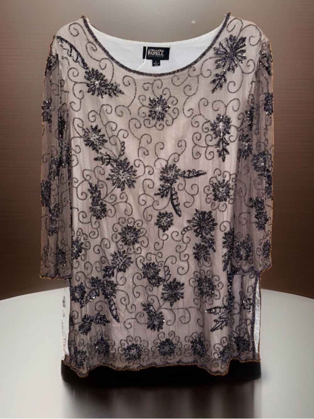 Papell Boutique Blush Sheer Silk Overlay Tunic with Black Beaded Embroidery-L-GC